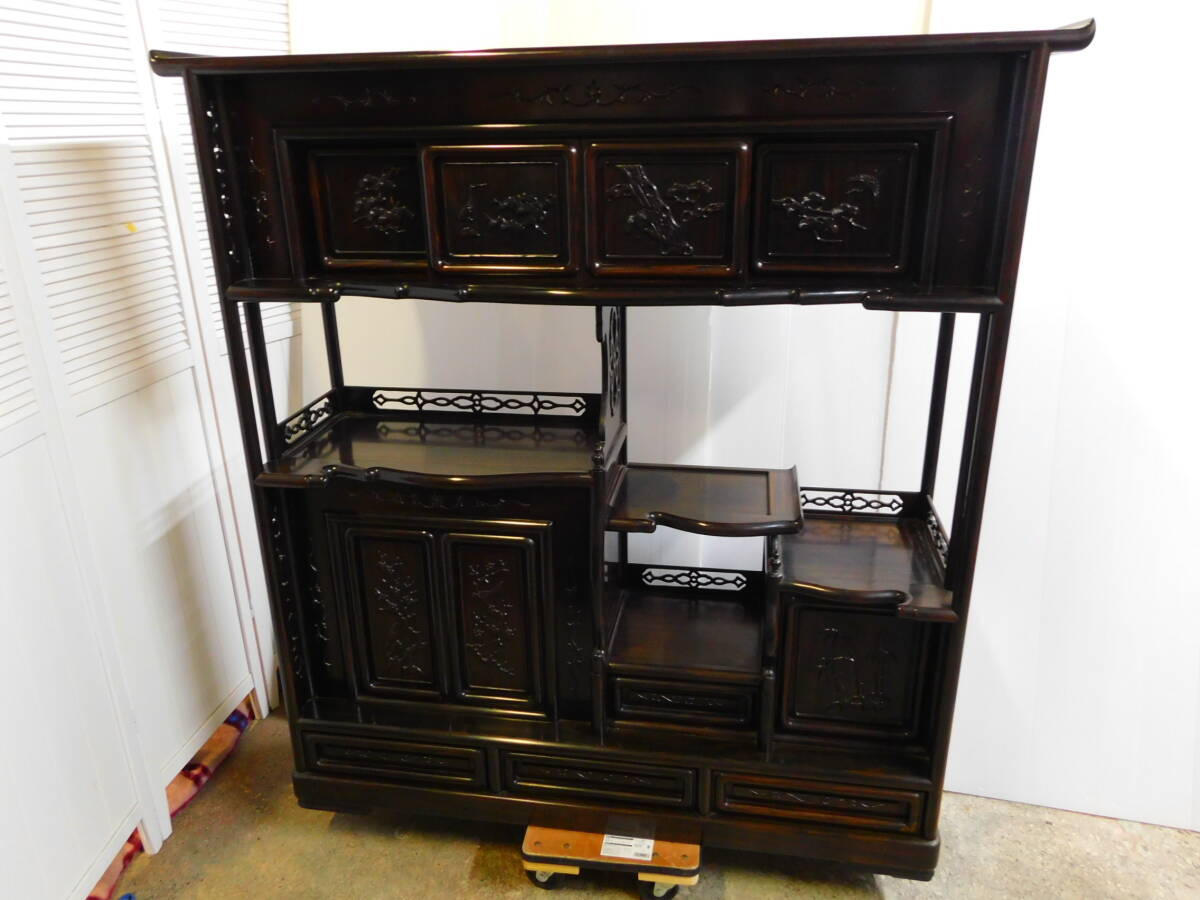 m926 無垢材 高級唐木 唐木家具 木彫茶箪笥 飾り棚 収納家具 茶箪笥 彫刻 彫り 家具 煎茶道具 茶棚 棚 和家具