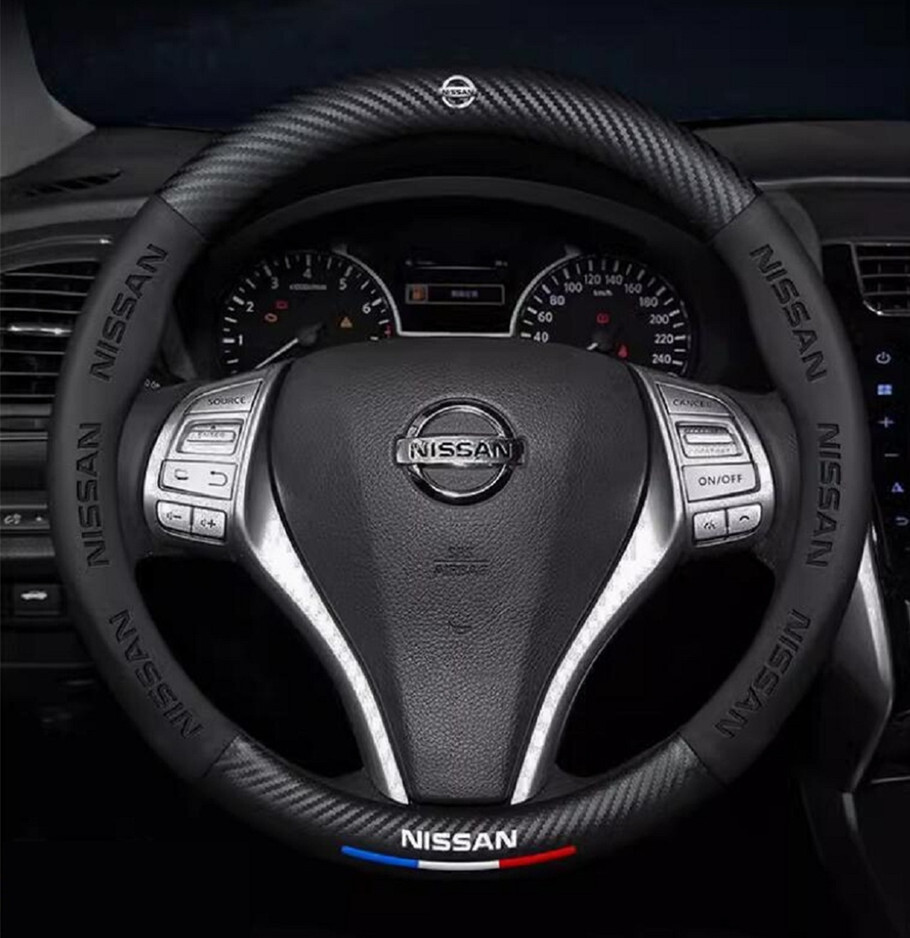 日産専用 ハンドルカバー ステアリングカバー 円型 ◆超特上即納◆ 本革 カーボン調 ブラック