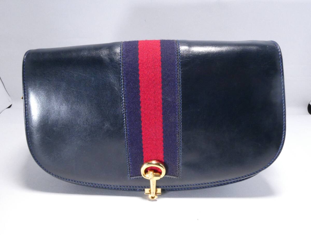 希少 GUCCI オールドグッチ 70s ヴィンテージ シェリーライン レザー ショルダーバッグ ネイビー 紺 ゴールド金具 筆記体ロゴ
