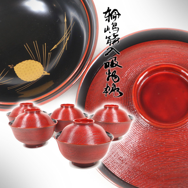 ●c1219●極上【輪島塗筋入吸物椀5客/木目千筋塗分紅溜内黒/松内蒔絵】検お茶会煎茶道具茶懐石●西瓜●