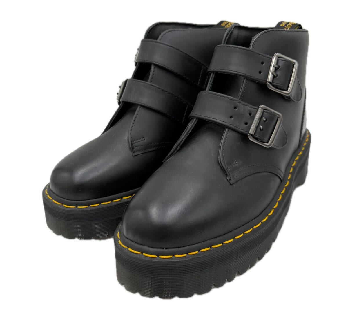 A ■ 美品 '洗練されたデザイン' Dr.Martens ドクターマーチン 本革 イエローステッチ DEVON ダブルベルト ブーツ UK9 28cm シューズ 黒