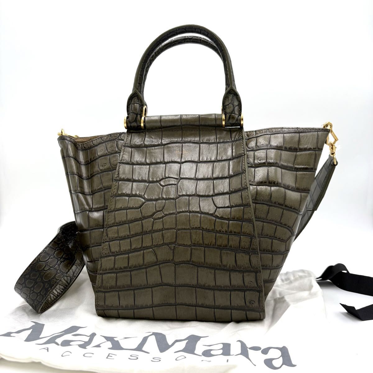 A ■ 美品 保存袋付き 定価 約16万円 イタリア製 MaxMara マックスマーラ 本革 クロコ型押し 2WAY ハンドバッグ ショルダーバッグ カバン