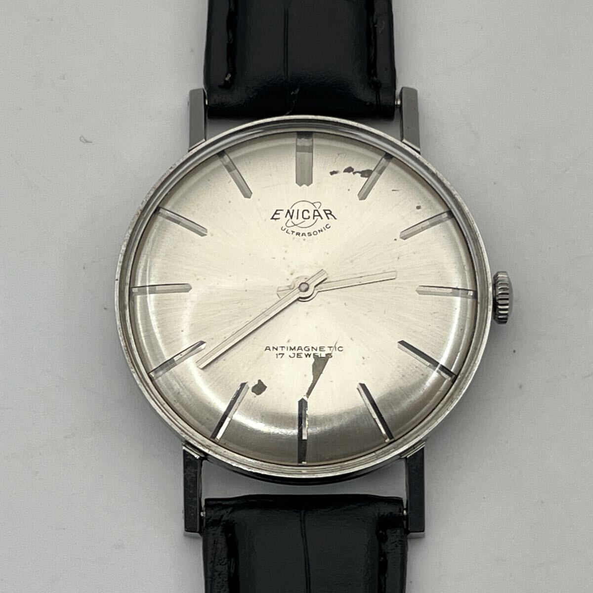 ENICAR ULTRASONIC ANTIMAGNETIC 17 JEWELS STAINLESS STEEL AR1010 エニカ 17石 手巻き 2針 アンティーク 動作品 新品バンド交換済