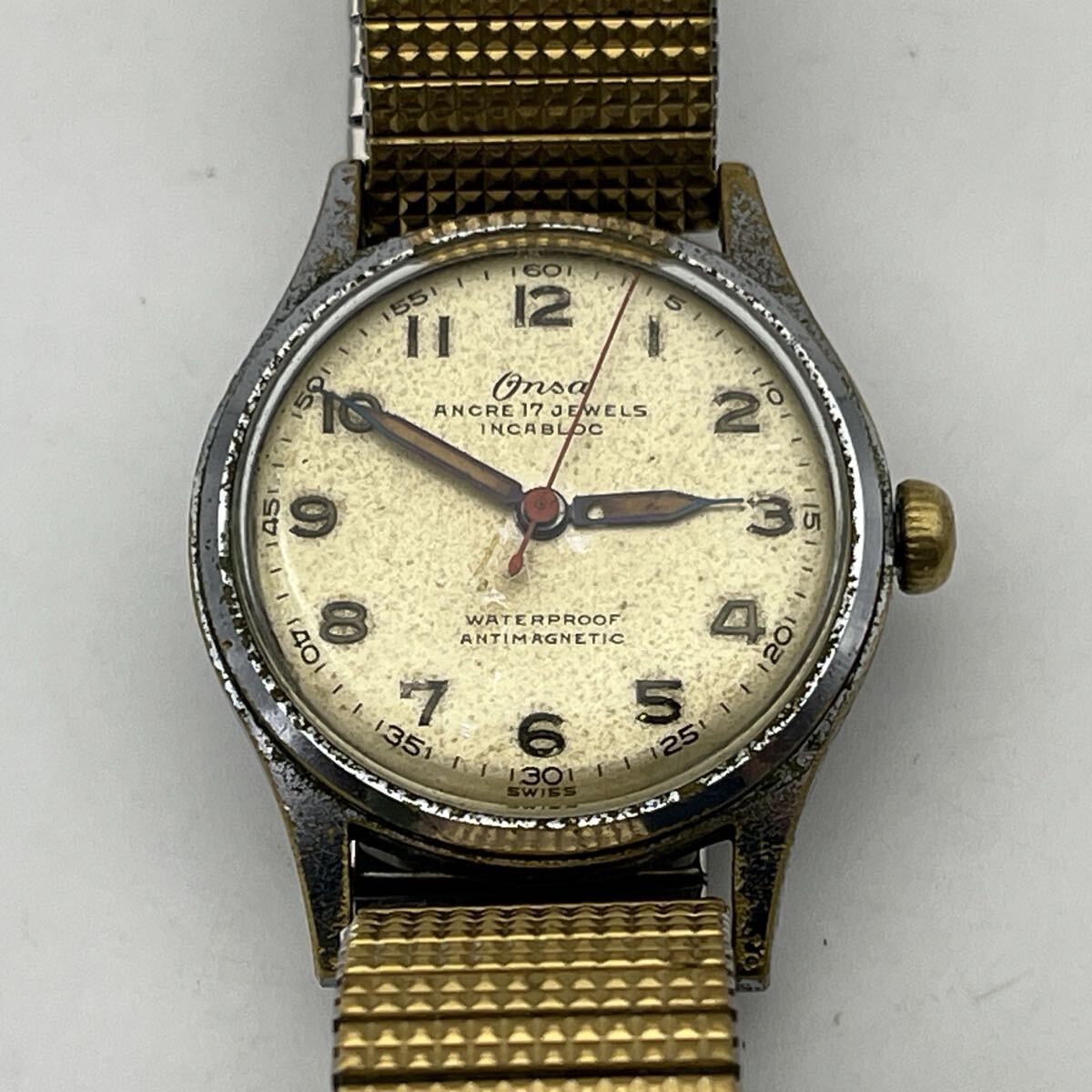 Onsa ANCRE 17 JEWELS INCABLOC WATERPROOF ANTIMAGNETIC SWISS STAINLESS STEEL-BACK オンサ 17石 手巻き 3針 アンティーク 動作品