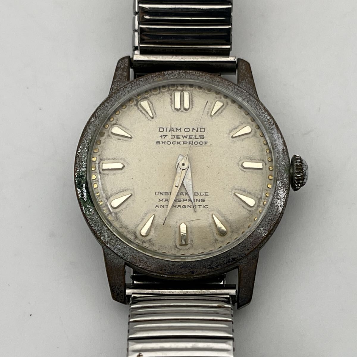 DIAMOND 17 JEWELS SHOCKPROOF UNBREAKABLE MAINSPRING STAINLESS STEEL BACK GK-55914 17石 手巻き 3針 アンティーク 動作品