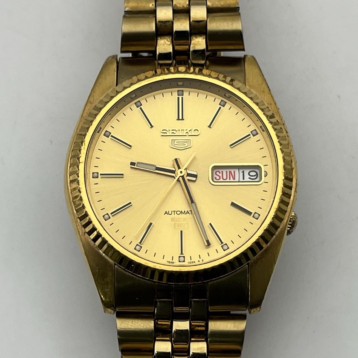 SEIKO 5 AUTOMATIC 7S36-3110 GOLD COLOR セイコー ファイブ ゴールドカラー 自動巻き 3針 デイデイト 海外モデル 動作品