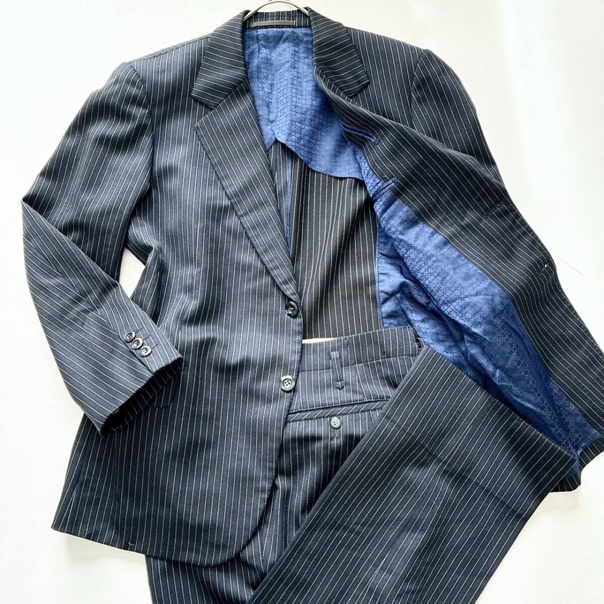 【美品】Tailor Oishi テーラーオオイシ オーダースーツ L相当 セットアップ ストライプ 裏地総柄 ネイビー メンズ 2B ビジネス フォーマル