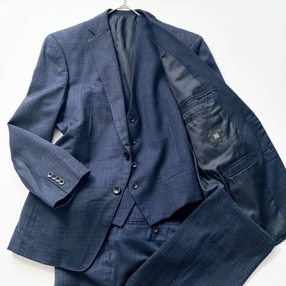 SUIT SELECT スーツセレクト スリーピーススーツ AB4 M相当 チェック柄 ネイビー 3ピース セットアップ ビジネス メンズ