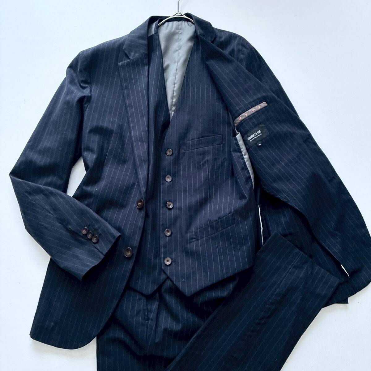 【定番の3ピース】COMME CA ISM コムサイズム スーツ セットアップ ストライプ S M ネイビー ベスト付き スリーピース メンズ ビジネス