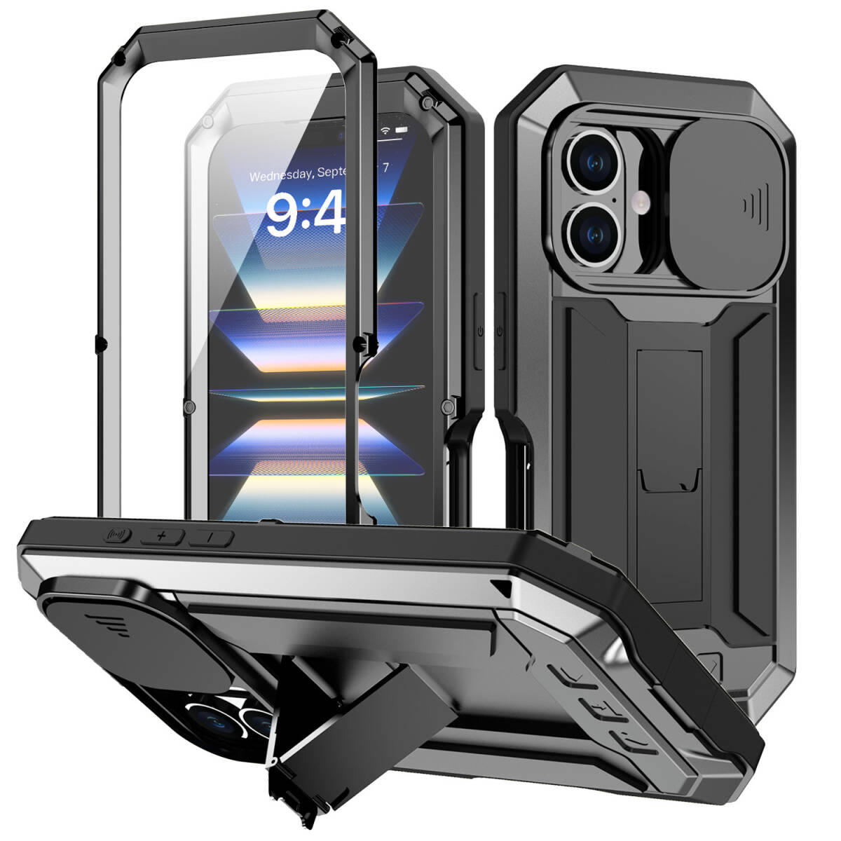 iPhone17/17Air/17Pro/17Promax ケース アルミ 防水 防塵 防振 耐衝撃 保護 スタンド機能 iPhone 13 14 15 16 Pro Max mini ケース