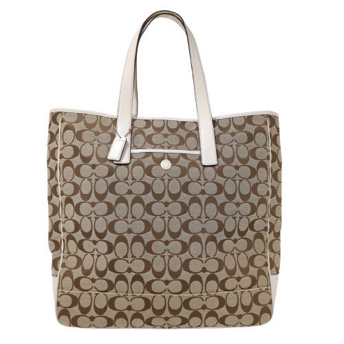 COACH コーチ トートバッグ シグネチャー キャンバス レザー ブラウン アイボリー 肩掛け レザーキーホルダー付き G04K-7067