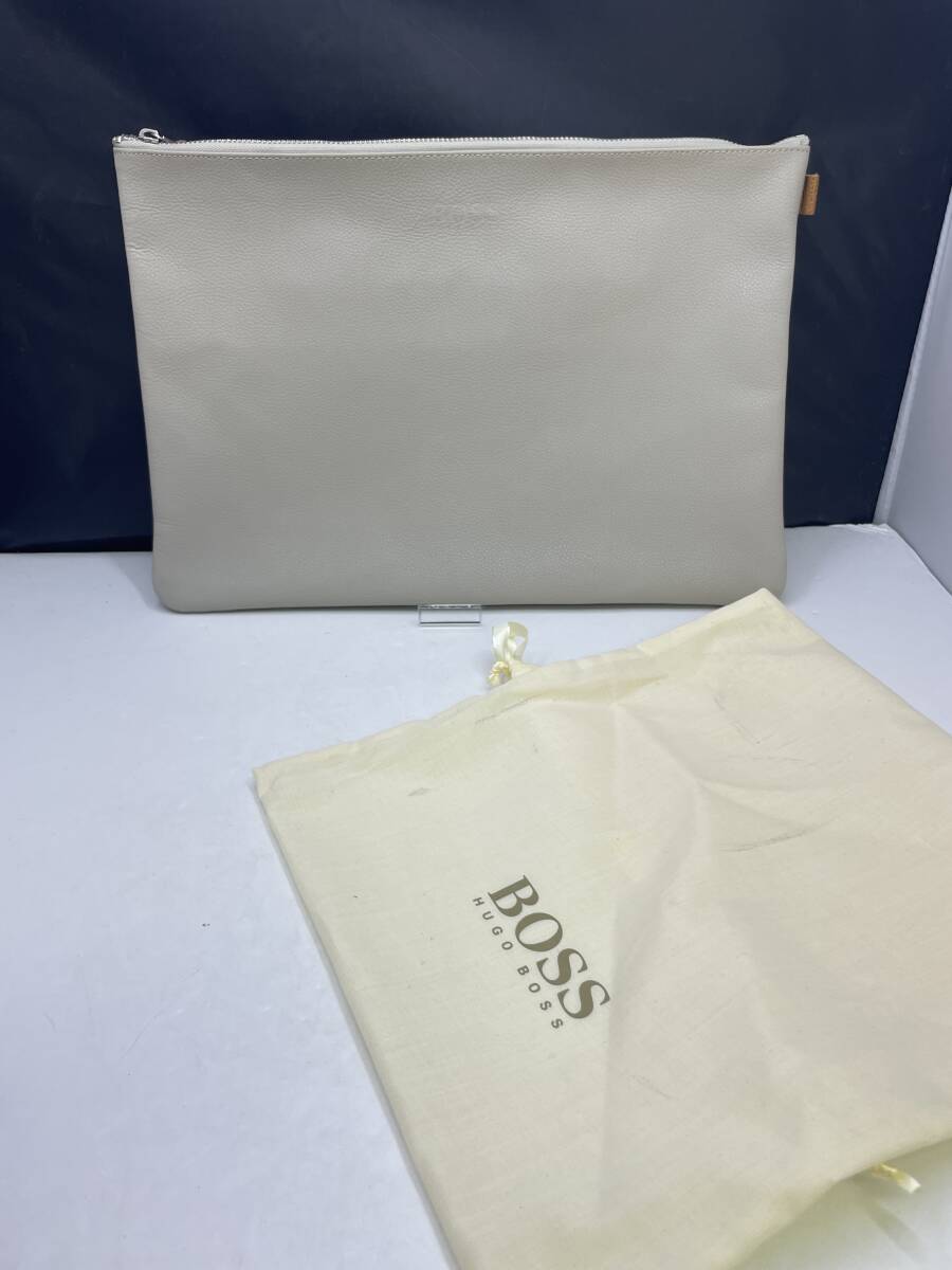 たばこ臭あり ヒューゴボス■HUGO BOSS セカンドバッグ レザー クリーム色■中古品