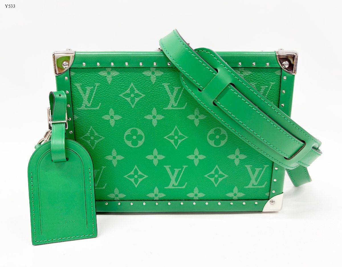 レア LOUIS VUITTON ルイ ヴィトン モノグラム クラッチボックス グリーン トランク型 ショルダーストラップ ネームタグ Y553E