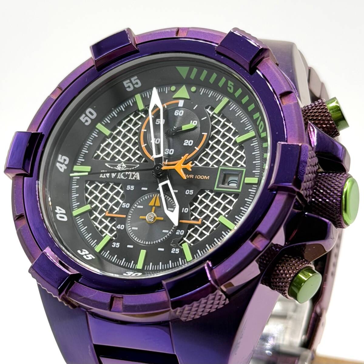 [稼働品] 美品 INVICTA / インビクタ クロノグラフ デイト クォーツ パープル 3針 アナログ 腕時計 メンズ