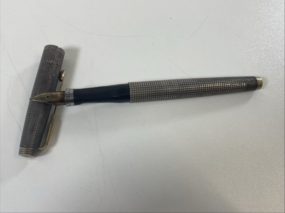 12T-3-4 PARKER パーカー STERLING CAP＆BARREL U.S.A ペン先 14K 万年筆 格子柄 筆記用具 ボールペン 筆記未確認 