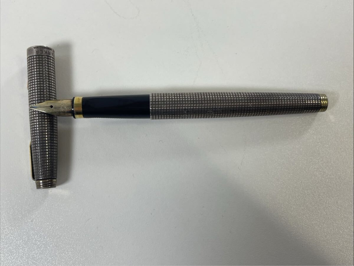 83T-3-4 PARKER パーカー STERLING CAP＆BARREL U.S.A ペン先 14K 万年筆 格子柄 筆記用具 ボールペン 筆記確認済み