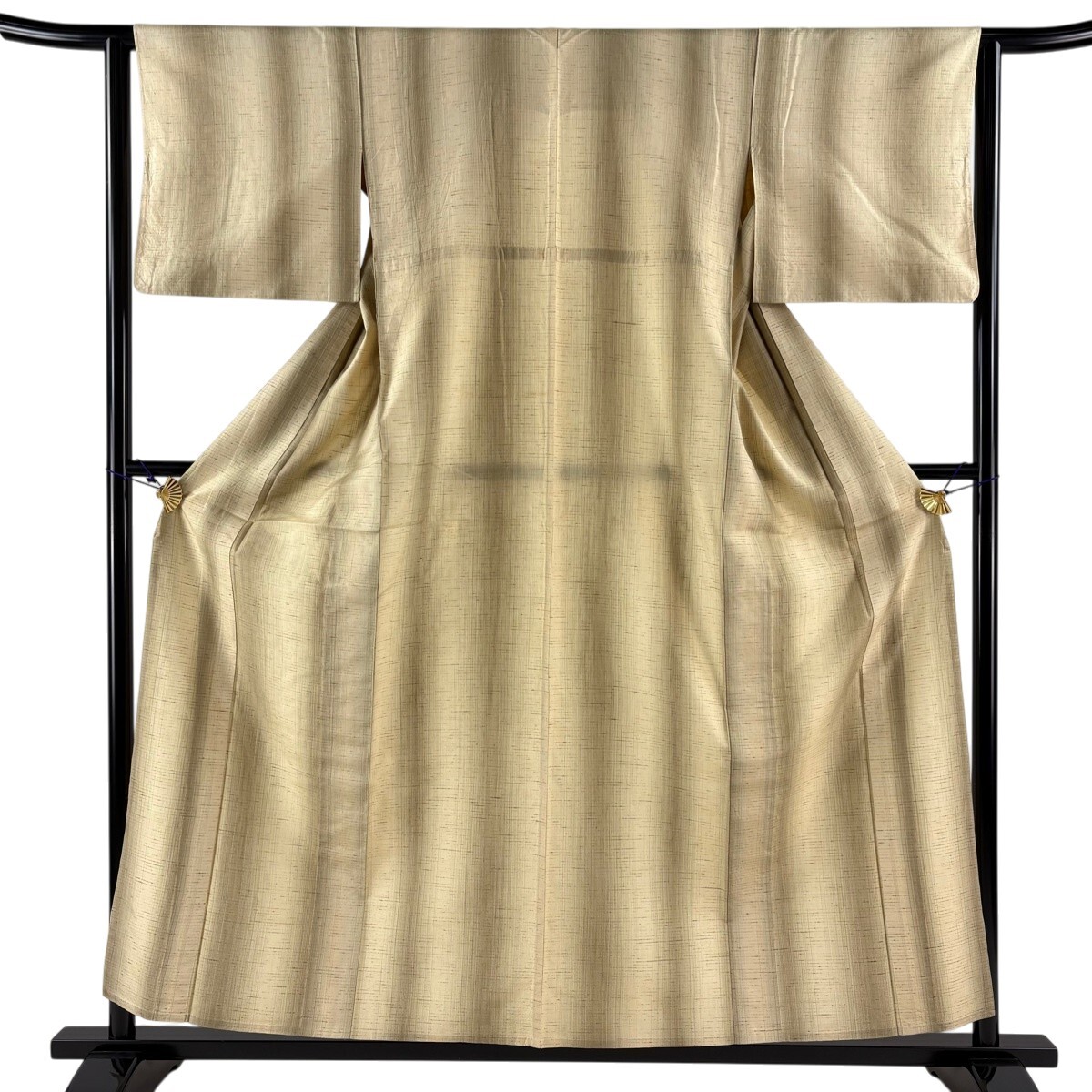【美品】 紬 身丈158cm 裄丈62.5cm S 単衣 縦縞 ベージュ 正絹 名品 【中古】