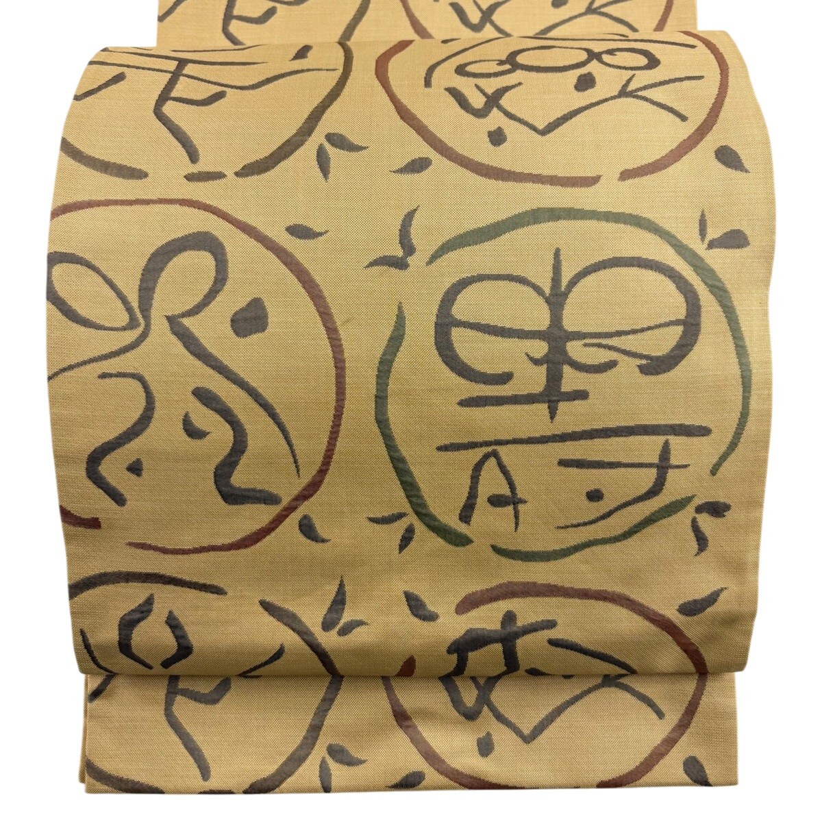 袋帯 名品 木屋太 落款 フクロウ 幾何学模様 薄茶色 六通 正絹 【中古】