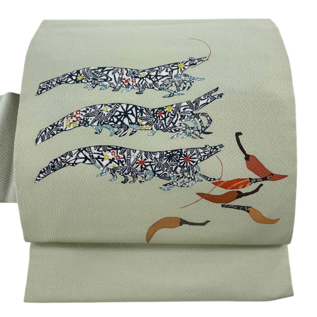 名古屋帯 秀品 落款 関西仕立て 海老 唐辛子 薄緑 正絹 【中古】