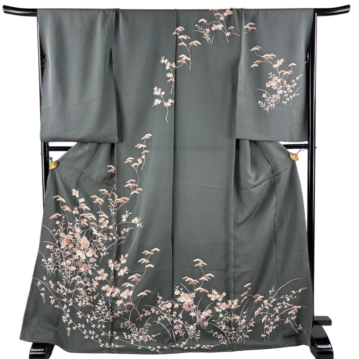 訪問着 身丈172.5cm 裄丈68.5cm 未仕立て 仮絵羽 秋草 金彩 金糸 灰緑 正絹 秀品 【中古】