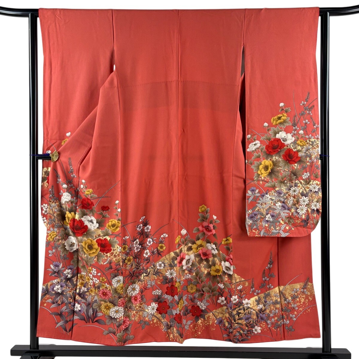 振袖 身丈152cm 裄丈61.5cm S 袷 草花 金彩 茜色 正絹 秀品 【中古】