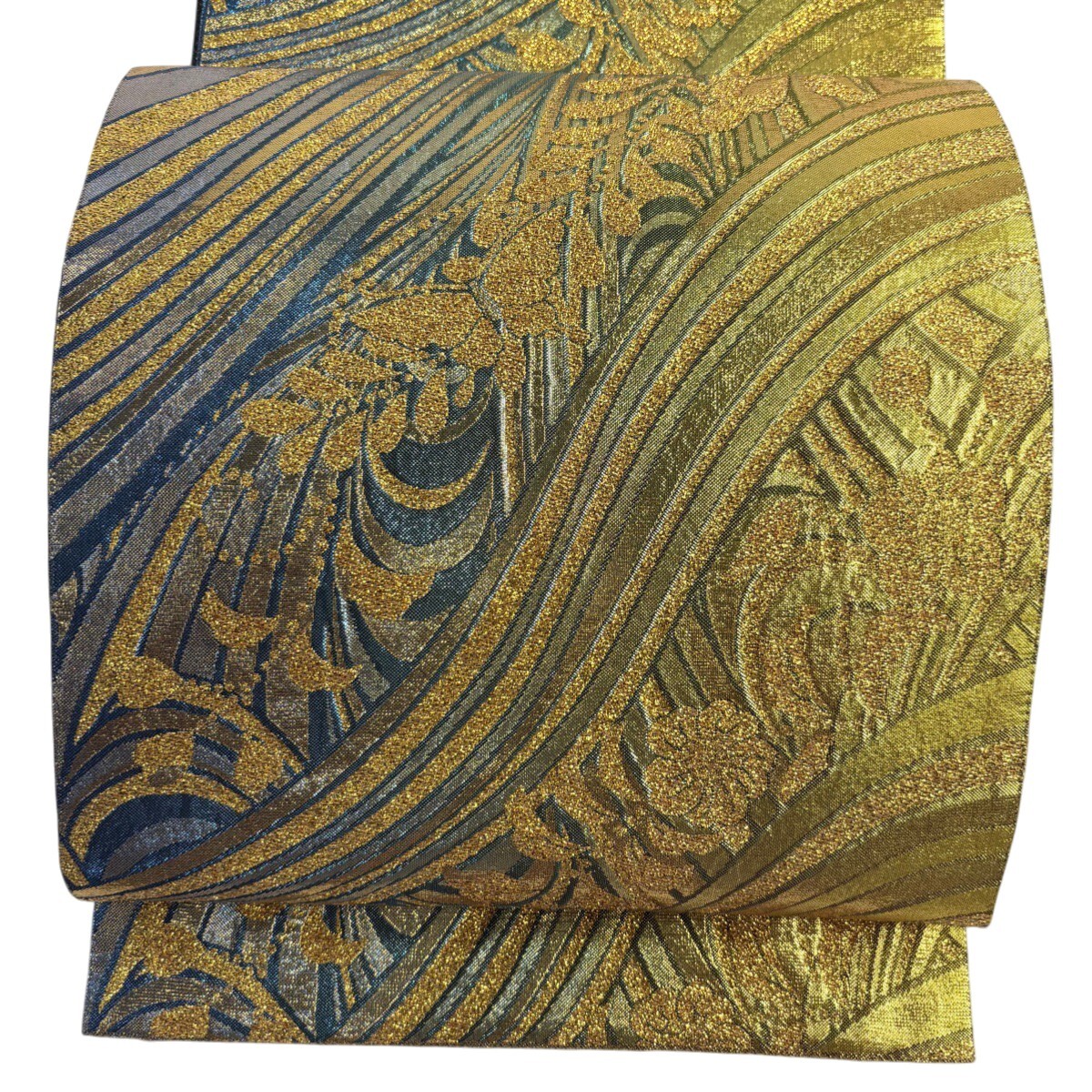 袋帯 秀品 流水 花蝶 箔 金色 六通 正絹 【中古】