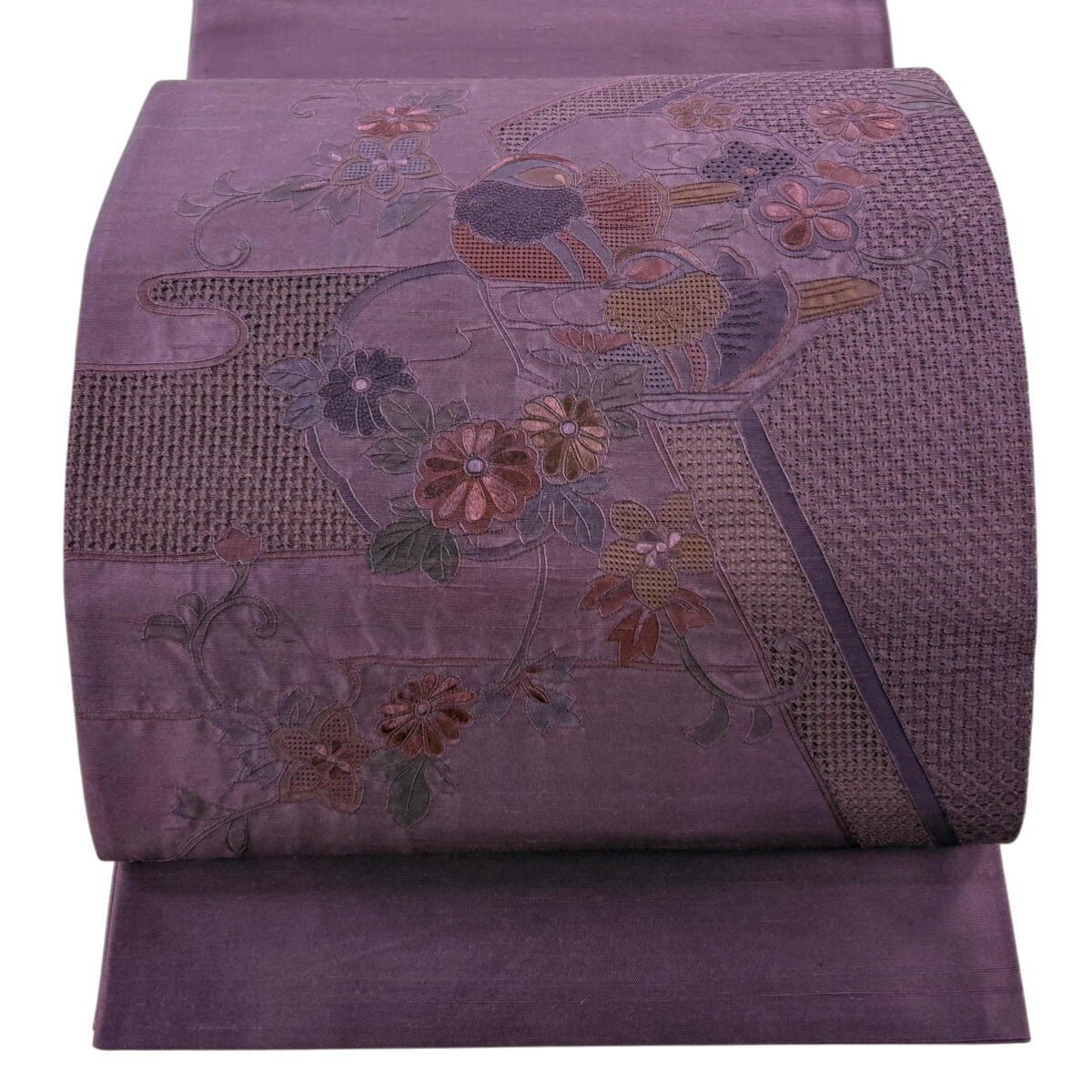 【美品】 袋帯 秀品 紬地 鴛鴦 花唐草 刺繍 紫 お太鼓柄 正絹 【中古】