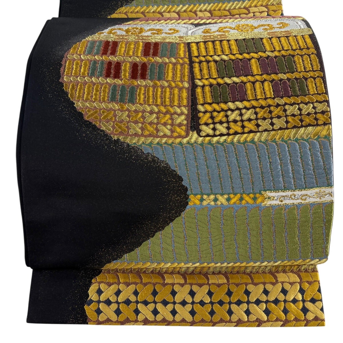 【美品】 袋帯 名品 証紙 鎧威 金銀糸 刺繍 黒 六通 正絹 【中古】