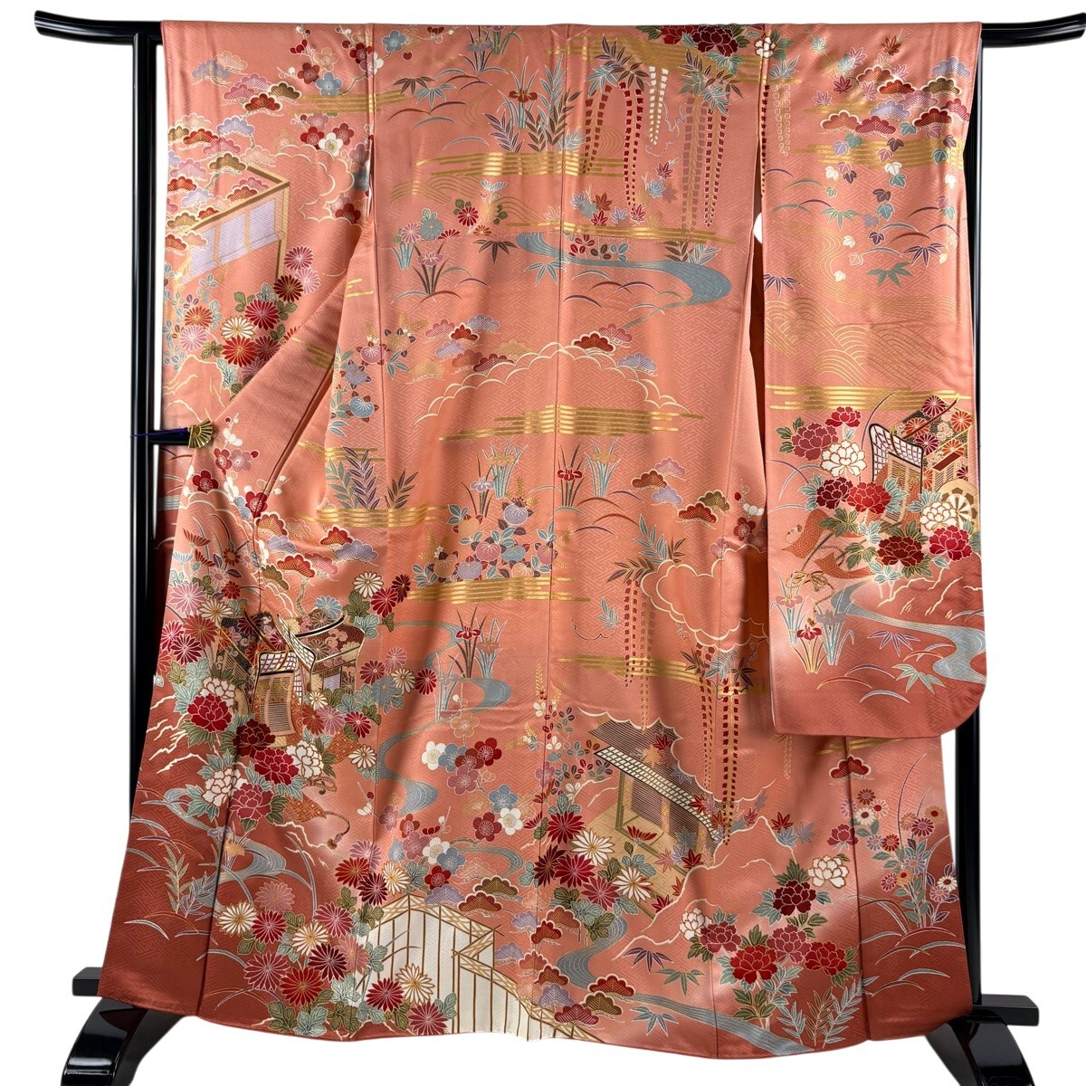 【美品】 振袖 身丈164cm 裄丈65cm M 袷 御所車 草花 金糸 金彩 ピンク 正絹 秀品 【中古】