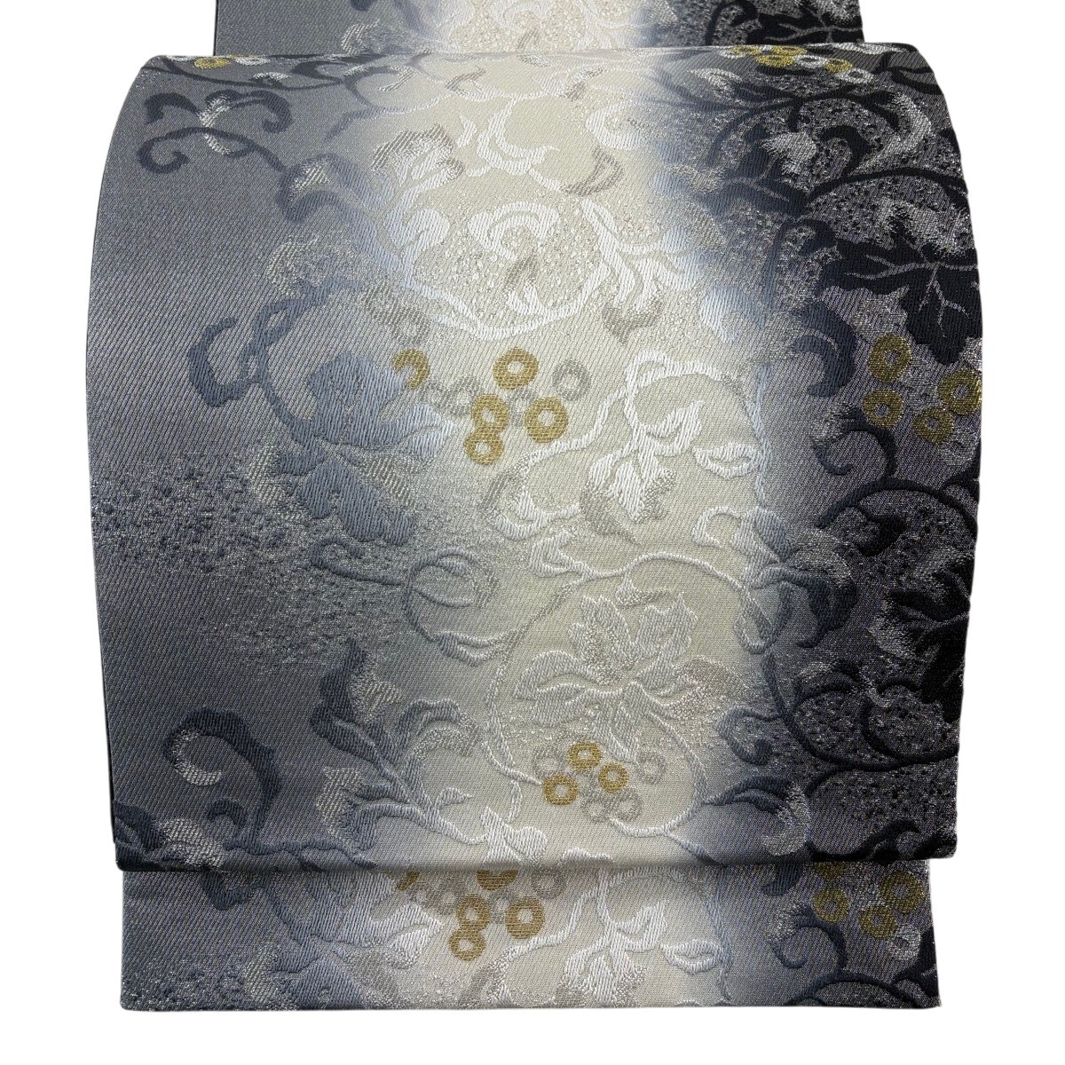 【美品】 袋帯 名品 草花 金銀糸 灰色 全通 正絹 【中古】
