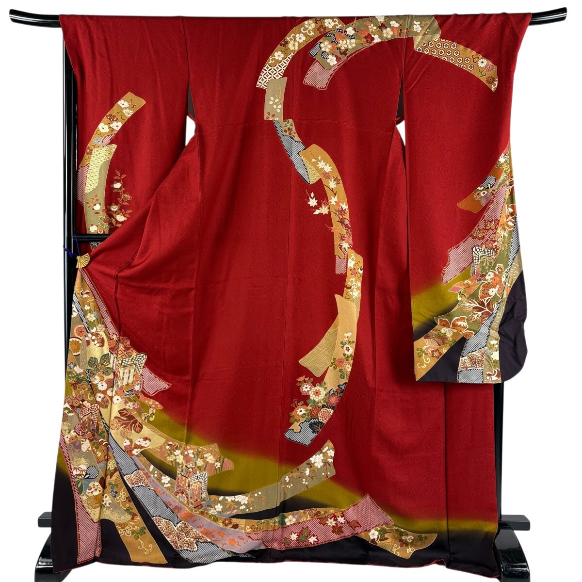 振袖 身丈173cm 裄丈71cm L 袷 御所車 熨斗 金糸 金彩 赤 正絹 秀品 【中古】