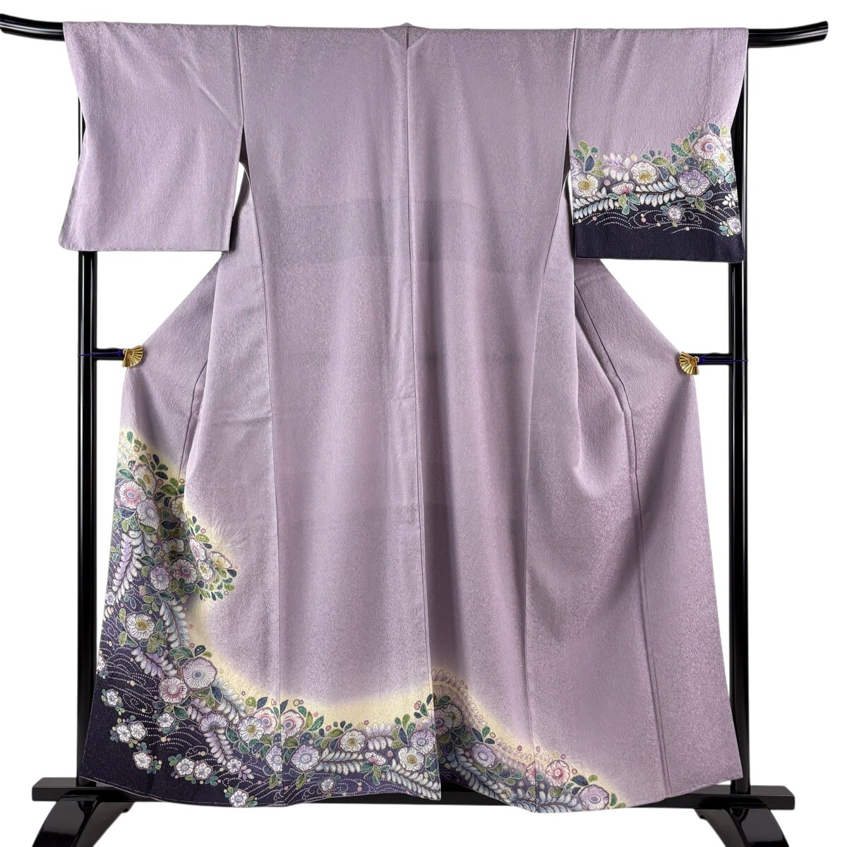 付下げ 身丈158cm 裄丈68.5cm L 袷 辻が花柄 流水 銀通し 金彩 薄紫 正絹 名品 【中古】