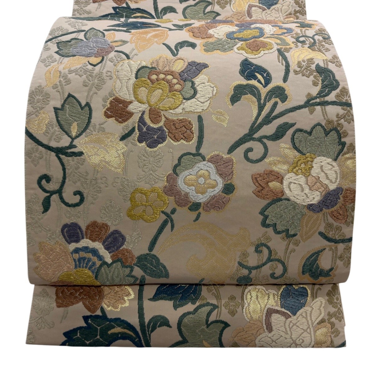 袋帯 名品 草花 箔 ベージュ 六通 正絹 【中古】