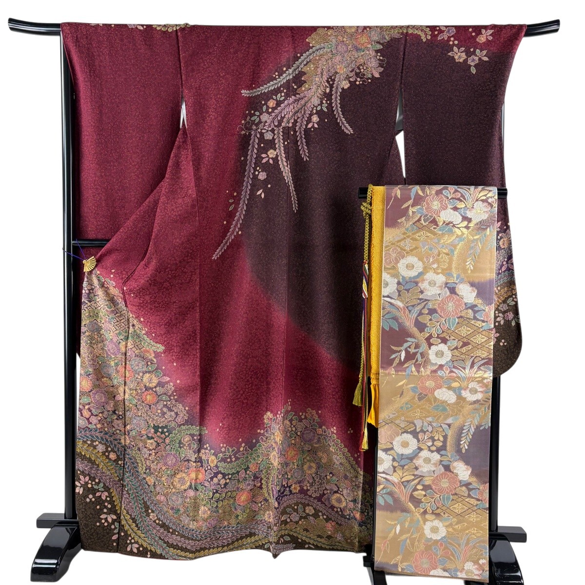 【美品】 振袖 身丈167cm 裄丈70cm L 袷 袋帯フルセット やまと 辻が花柄 金彩 金通し えんじ色 正絹 名品 【中古】