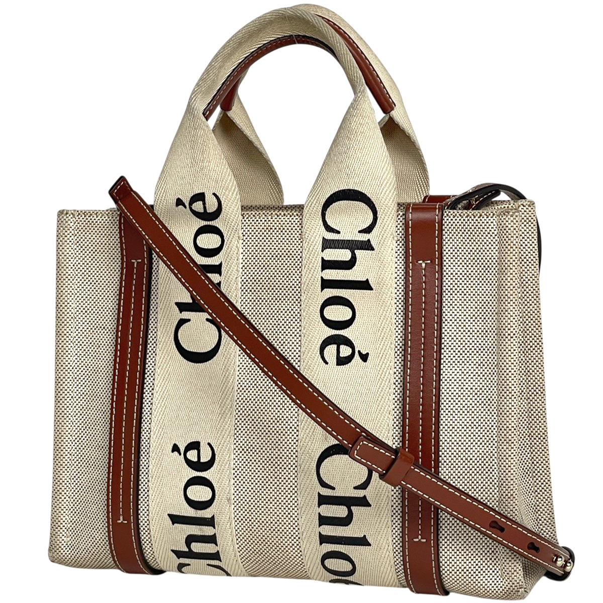 クロエ Chloe ウッディ スモール トートバッグ 2WAY キャンバス ブラウン レディース 【中古】