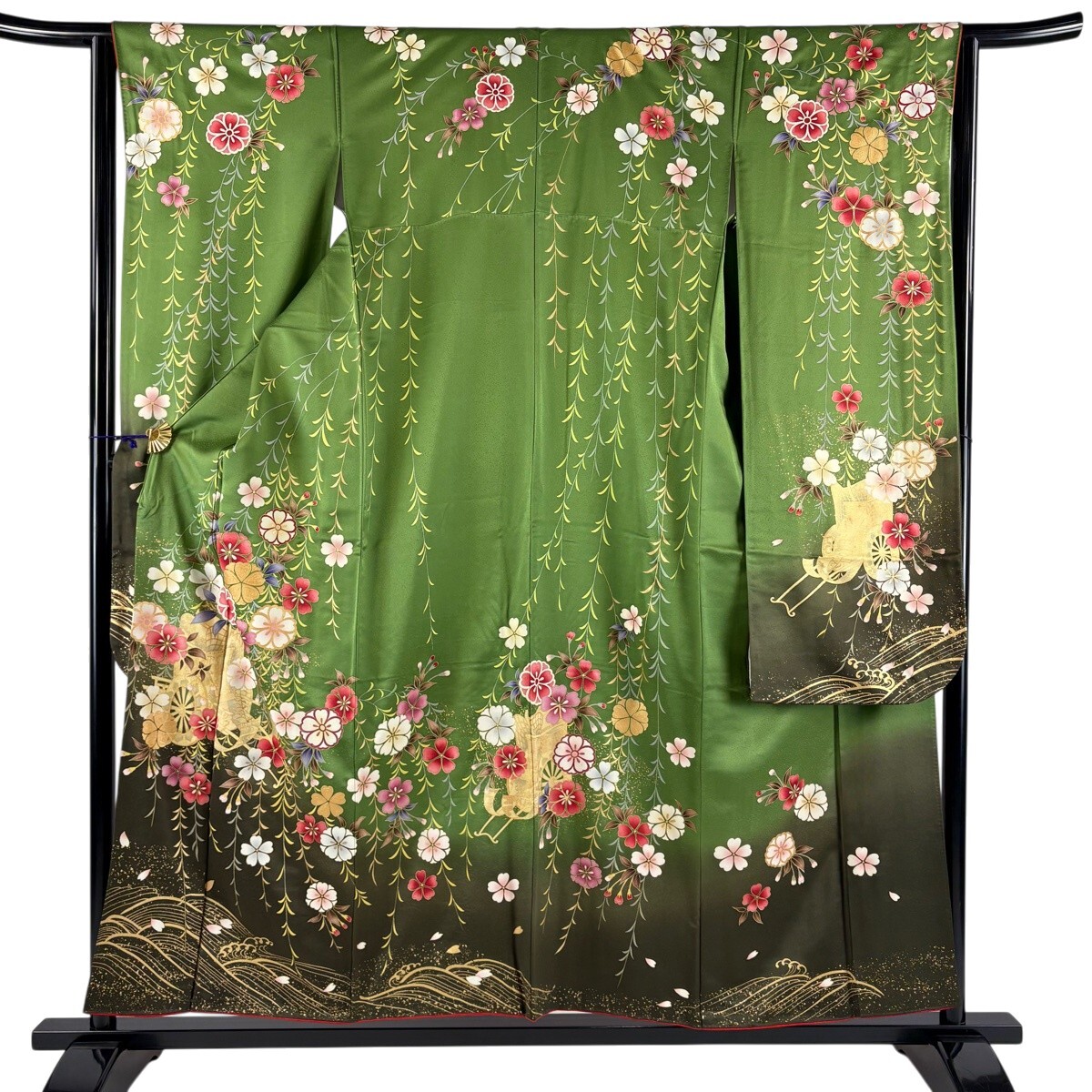 振袖 身丈156.5cm 裄丈63cm S 袷 御所車 桜 金彩 染め分け よもぎ色 正絹 秀品 【中古】