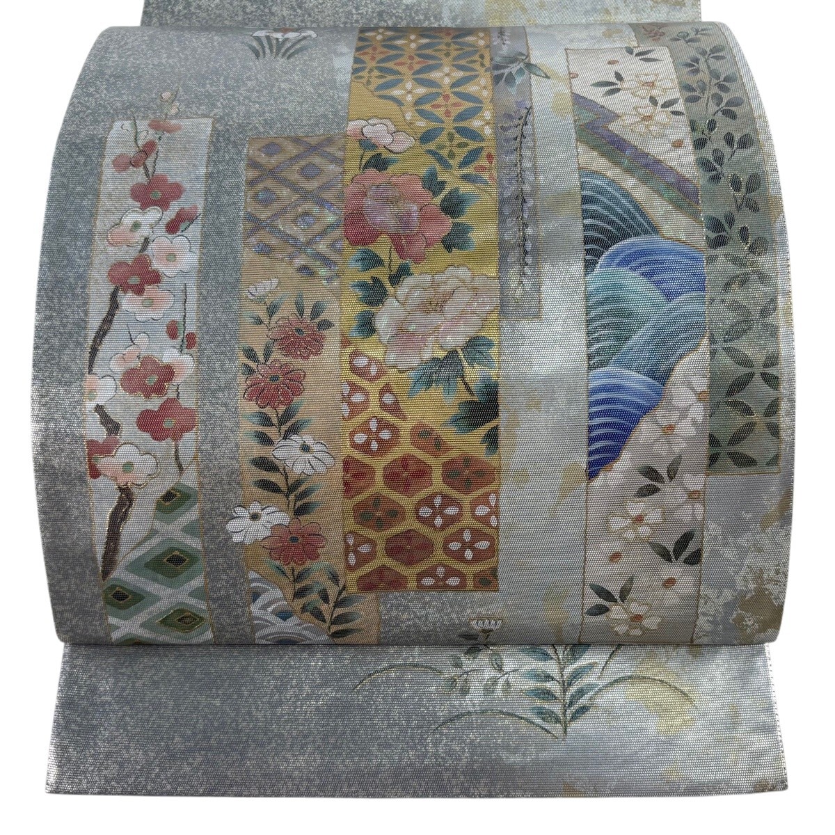 【美品】 袋帯 秀品 短冊 草花 螺鈿 箔 銀色 お太鼓柄 正絹 【中古】