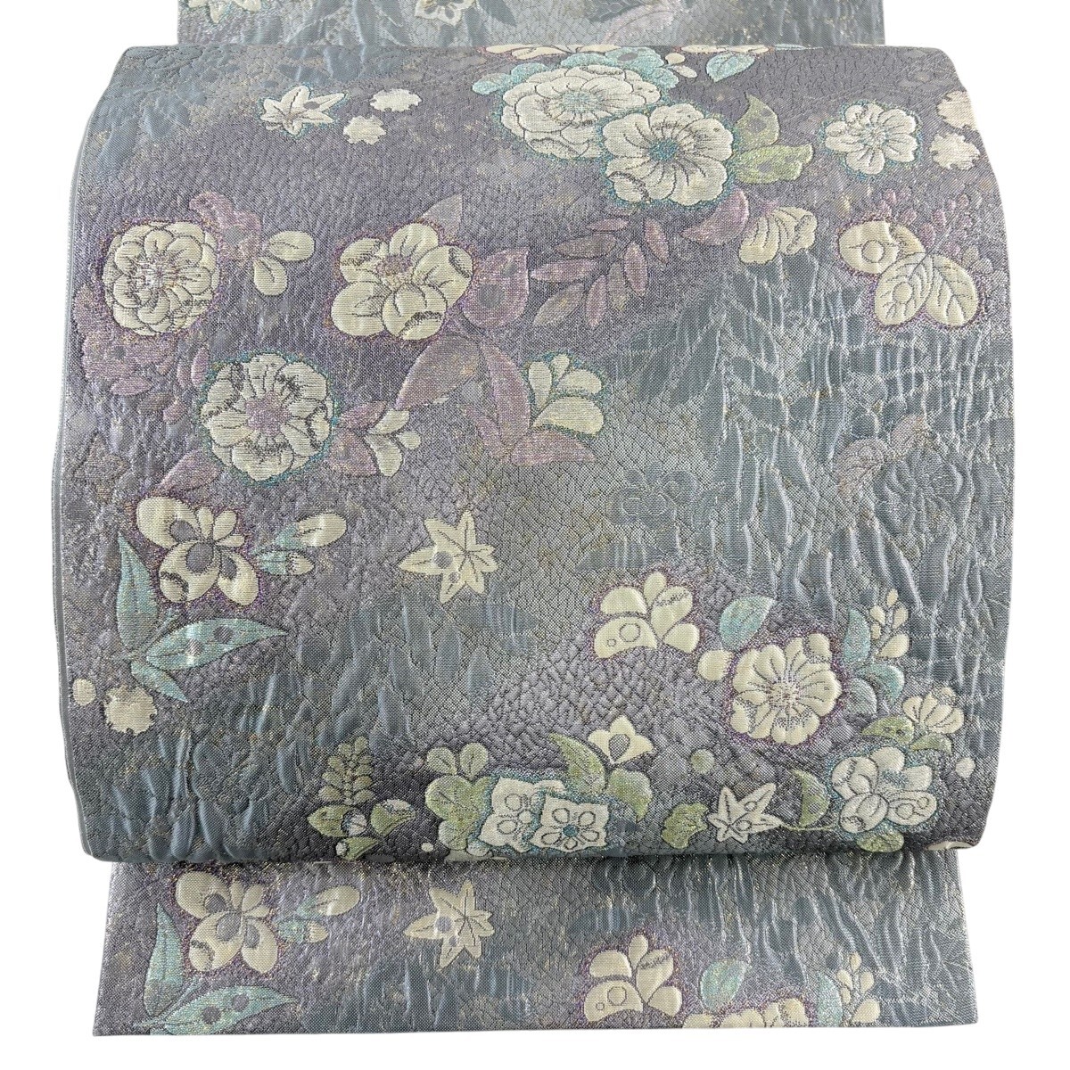 袋帯 秀品 草花 金糸 箔 灰紫 六通 正絹 【中古】