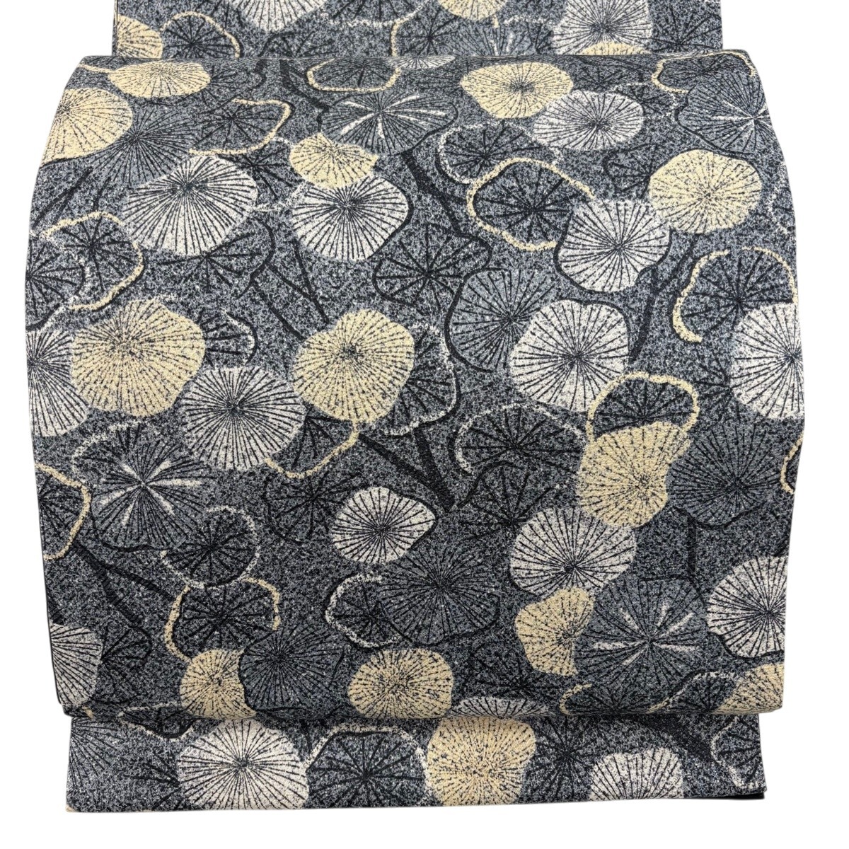 【美品】 袋帯 秀品 葉 花 灰色 全通 正絹 【中古】