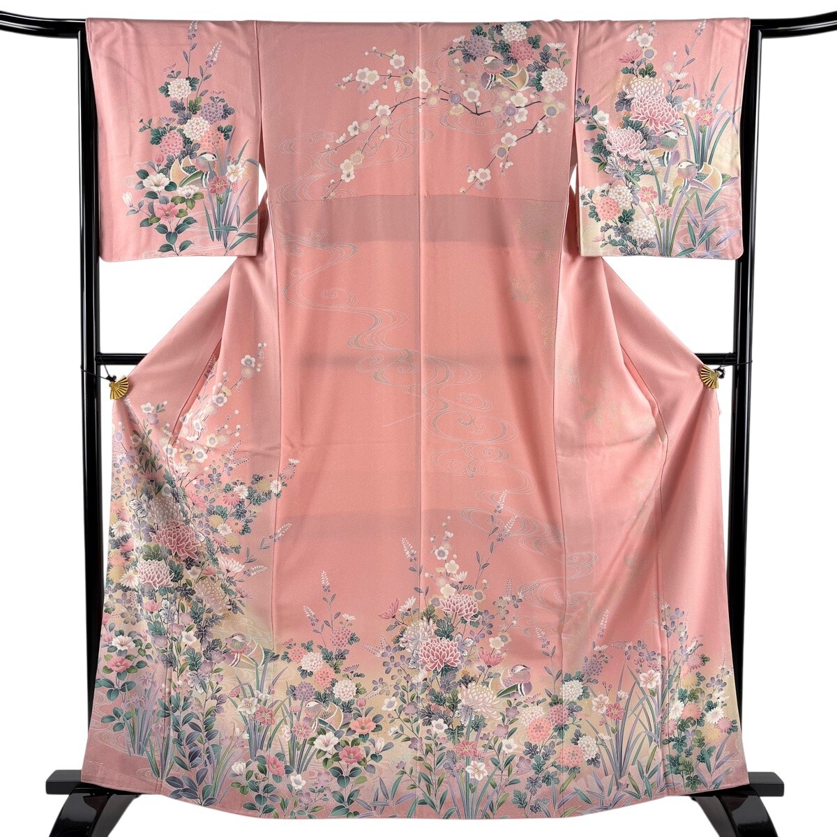 【美品】 訪問着 身丈164.5cm 裄丈65.5cm M 袷 草花 鴛鴦 金彩 ぼかし ピンク 正絹 秀品 【中古】