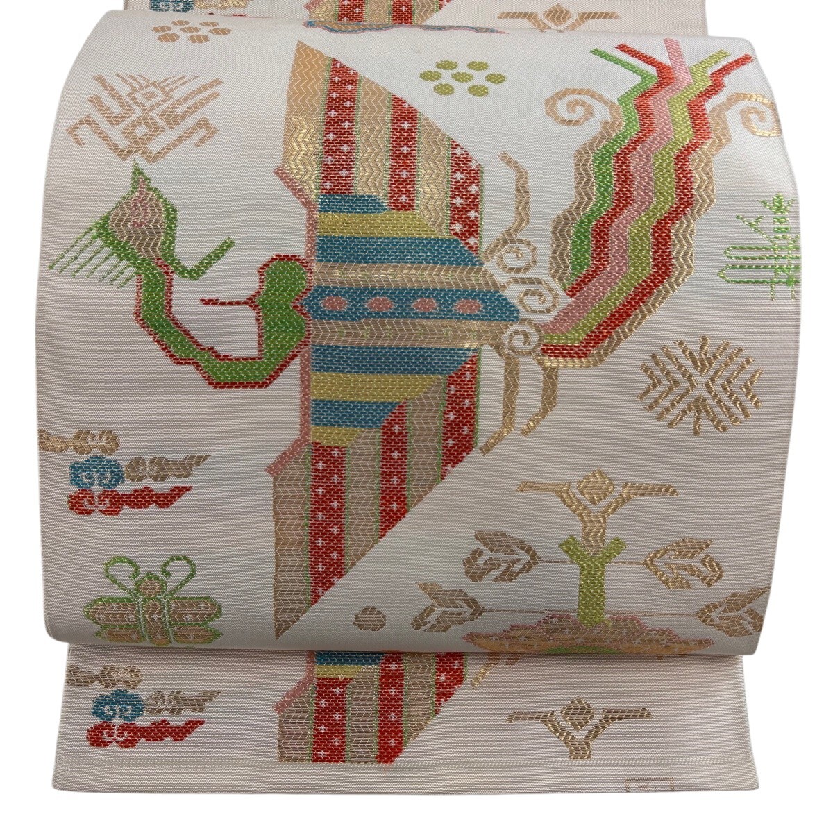 袋帯 秀品 桝屋高尾 落款 関西仕立て 鳥 蝶 箔 クリーム 六通 正絹 【中古】