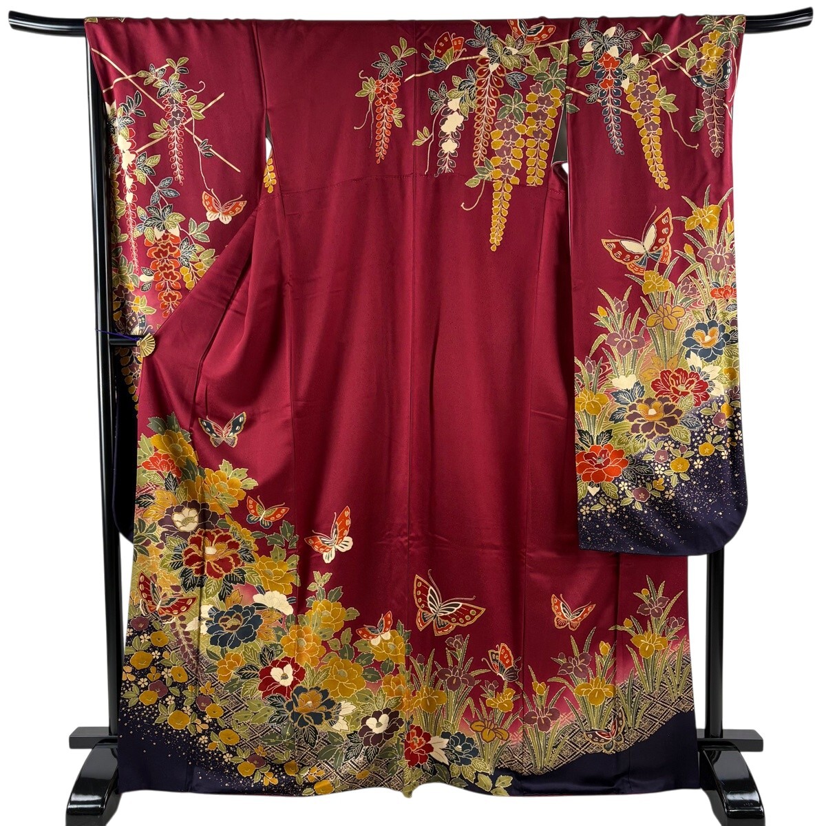 振袖 身丈169cm 裄丈69cm L 袷 草花 蝶 金糸 金彩 えんじ色 正絹 秀品 【中古】