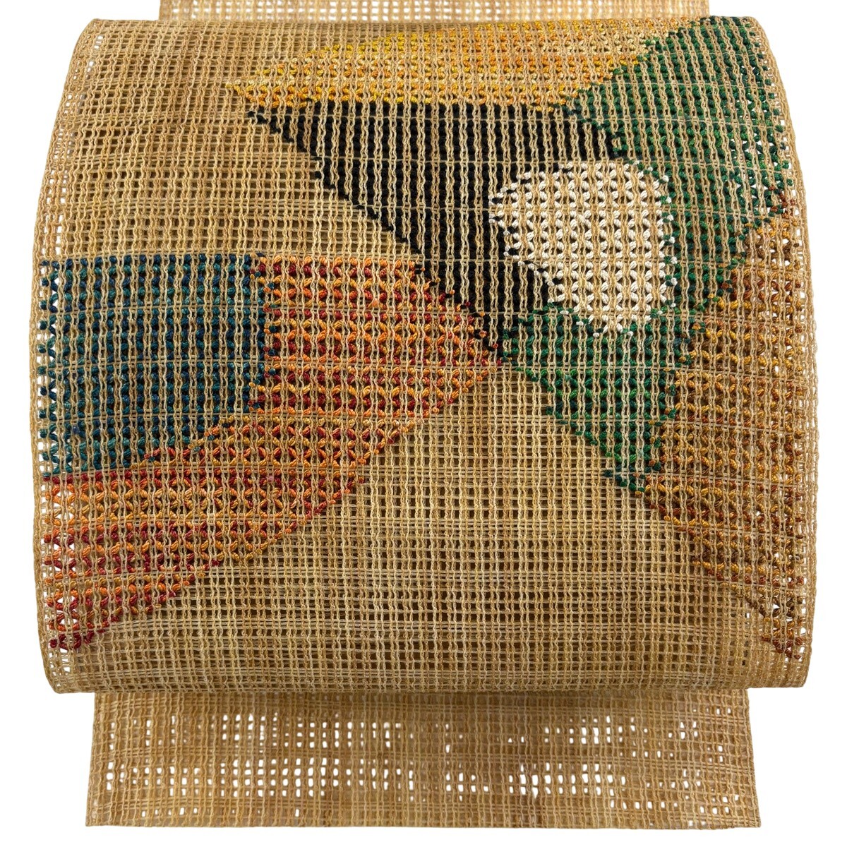 名古屋帯 秀品 八寸名古屋帯 松葉仕立て 夏帯 トンネル仕立て 幾何学 薄茶色 麻 【中古】