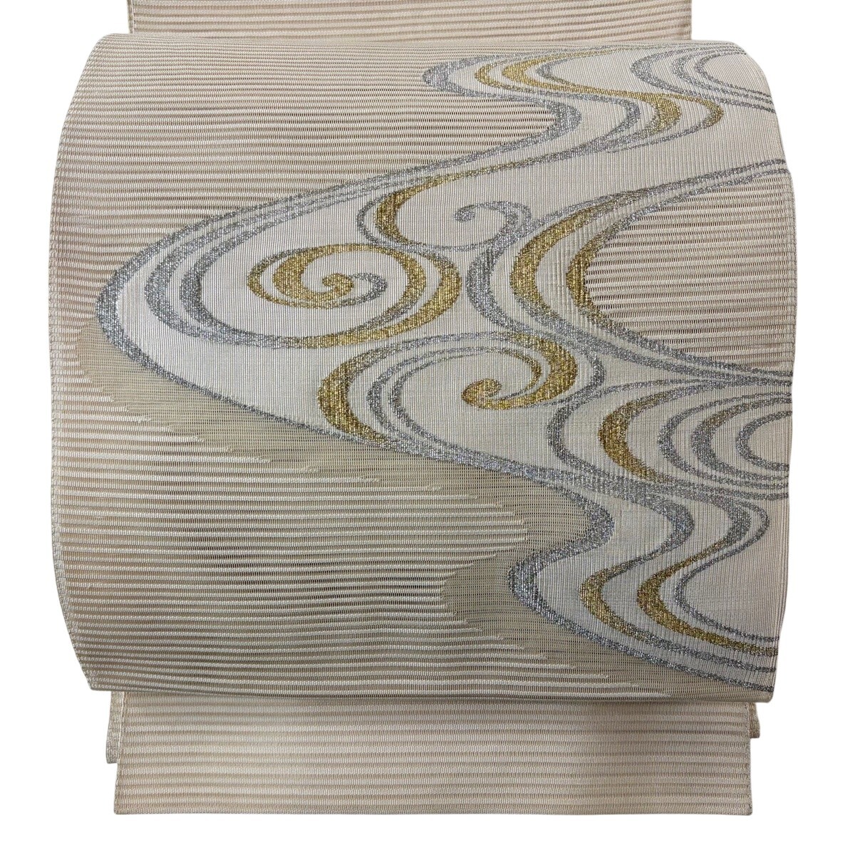名古屋帯 秀品 夏帯 絽 八寸名古屋帯 松葉仕立て トンネル仕立て 流水 金銀糸 ベージュ 正絹 【中古】