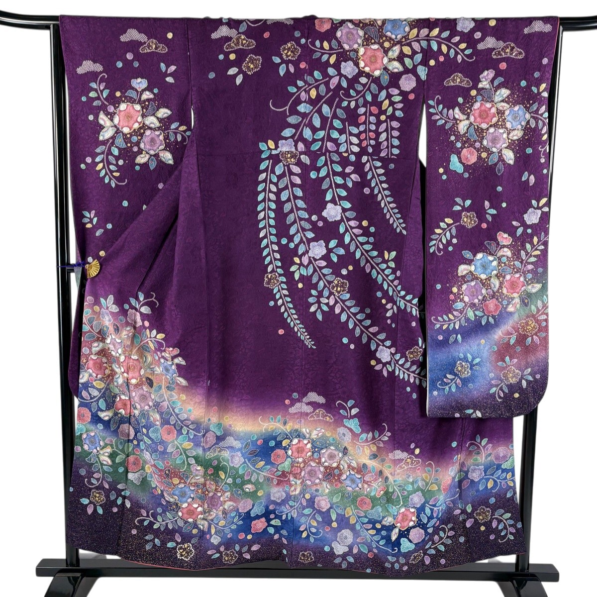 【美品】 振袖 身丈155.5cm 裄丈65cm M 袷 辻が花柄 金彩 ぼかし 紫 正絹 逸品 【中古】
