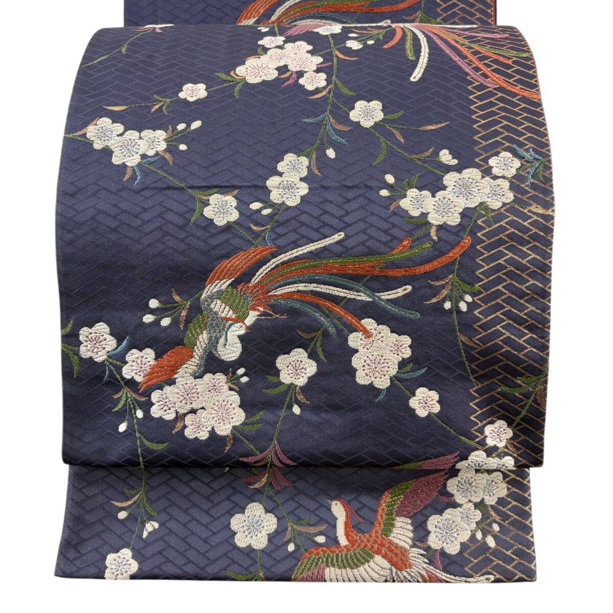 袋帯 秀品 鳥 梅 箔 青紫 六通 正絹 【中古】