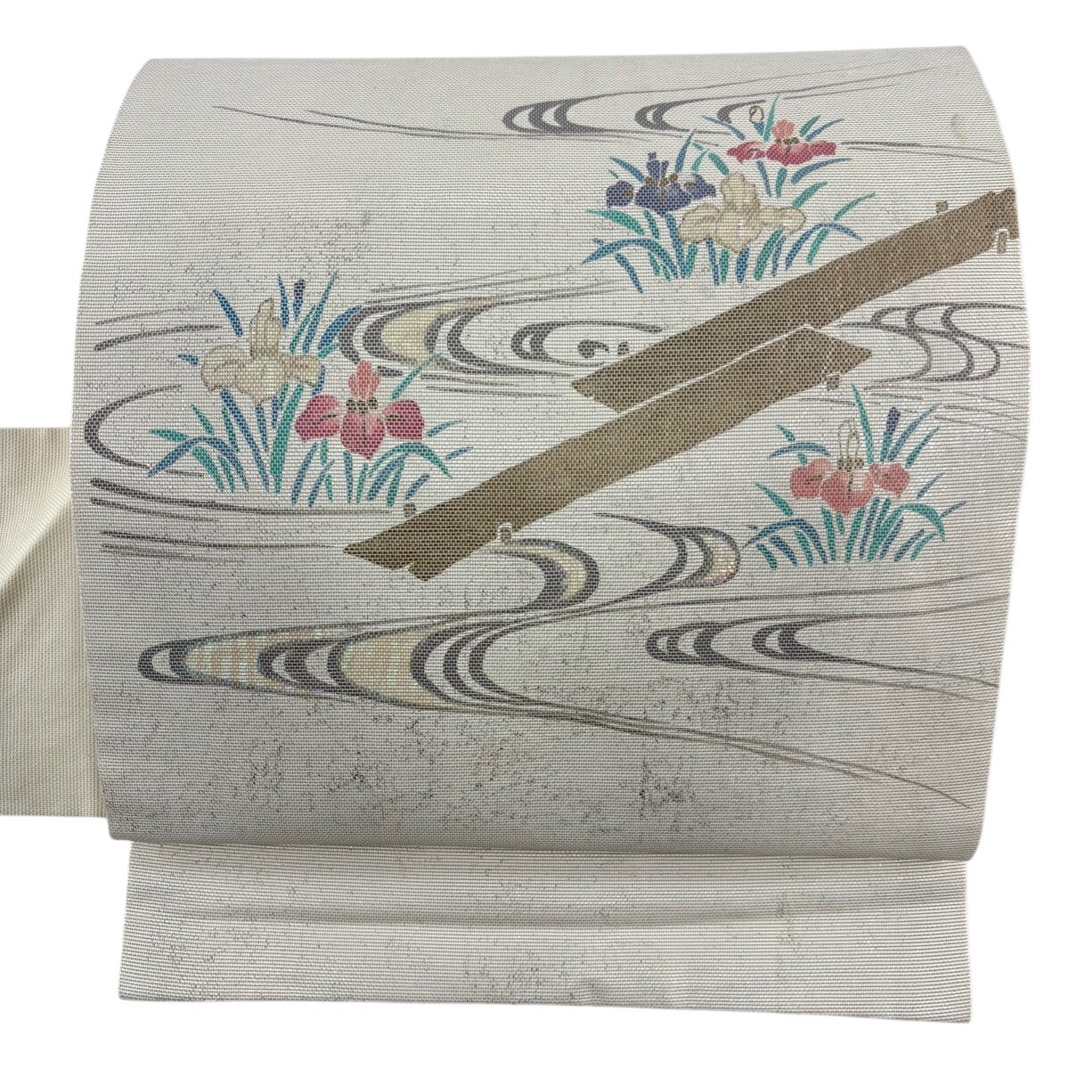 名古屋帯 秀品 夏帯 菖蒲 橋 螺鈿箔 金銀彩 灰白 正絹 【中古】