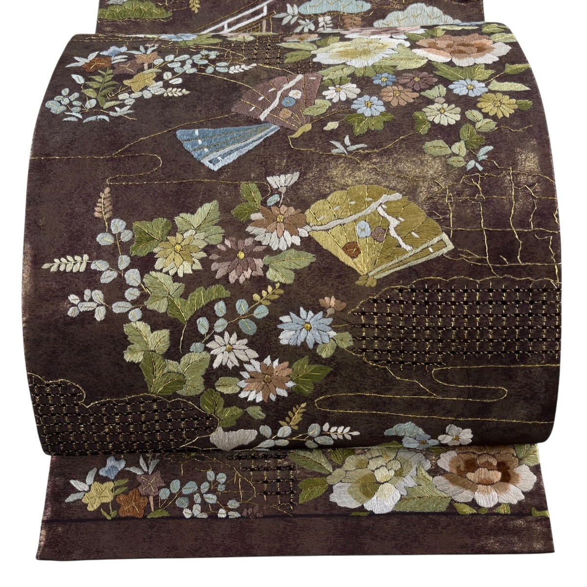 袋帯 逸品 扇 草花 刺繍 金糸 茶紫 六通 正絹 【中古】