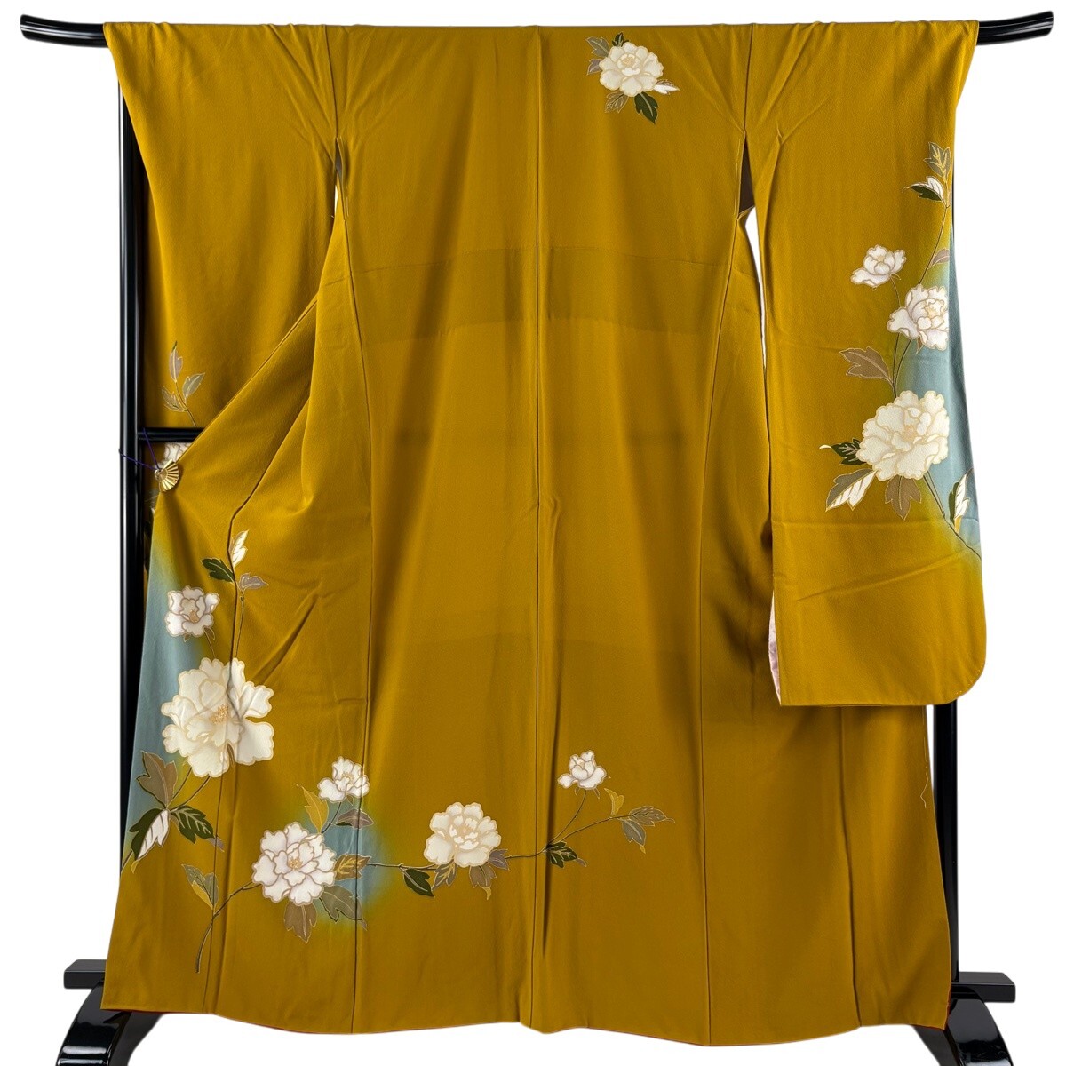【美品】 振袖 身丈164cm 裄丈69cm L 袷 牡丹 箔 ぼかし 黄土色 正絹 秀品 【中古】