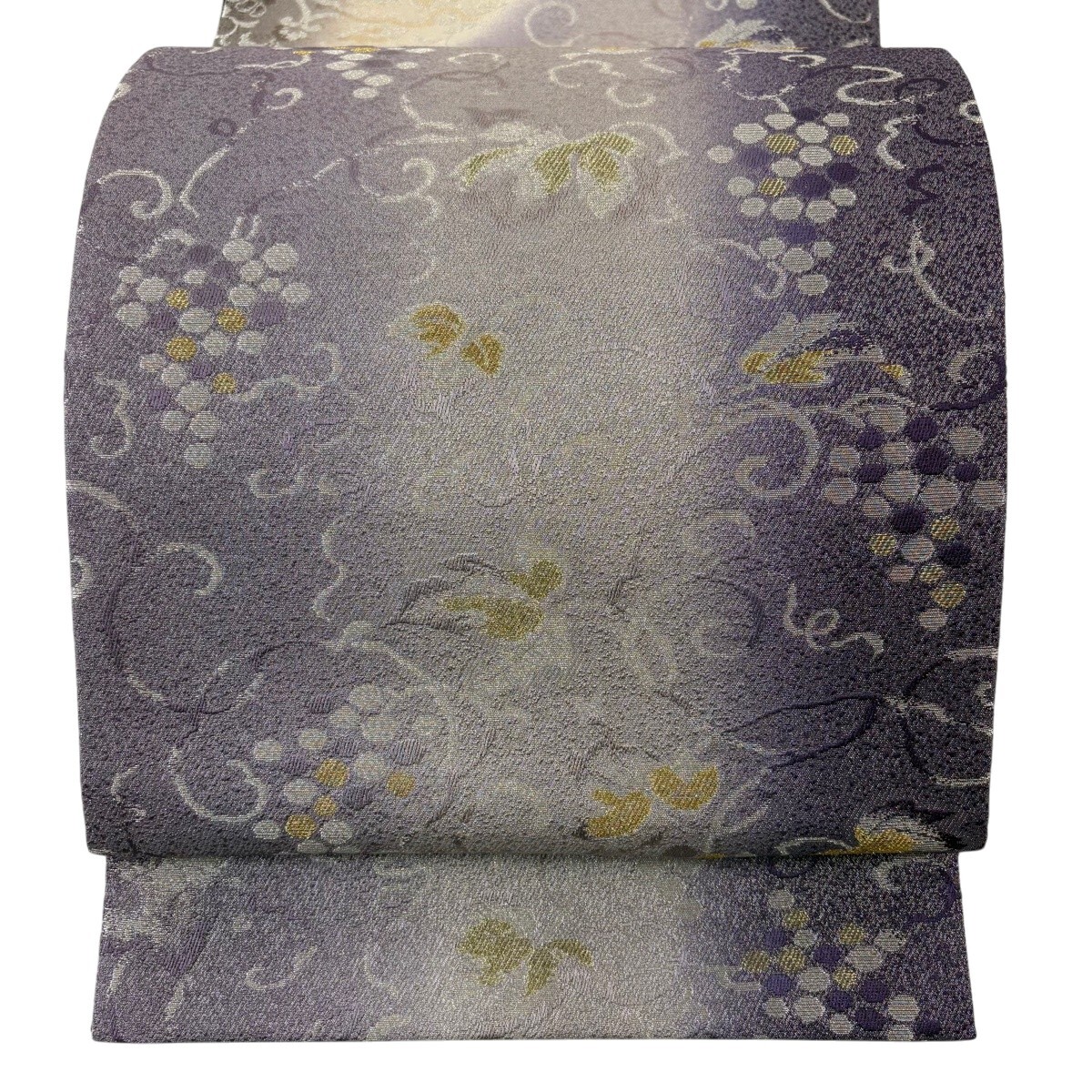 袋帯 名品 手先ニ通り 葡萄唐草 草花 金銀糸 紫 お太鼓柄 正絹 【中古】